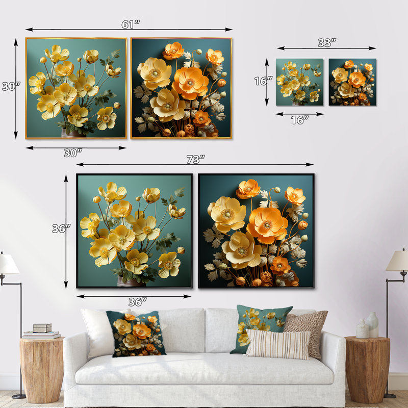 Yellow Buttercups Realistic Radiance - Ensemble de 2 collages floraux carrés, Cadre flottant blanc, H 36 po x l 73 po