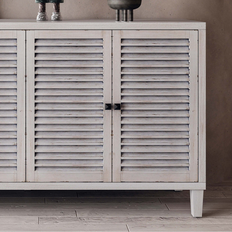  4-Door Shutter Cabinet - Rustic Whitewashed Sideboard with Adjustable Shelves | Entryway, Living Room & Dining Storage | Easy Assembly MDF & Fir Wood
