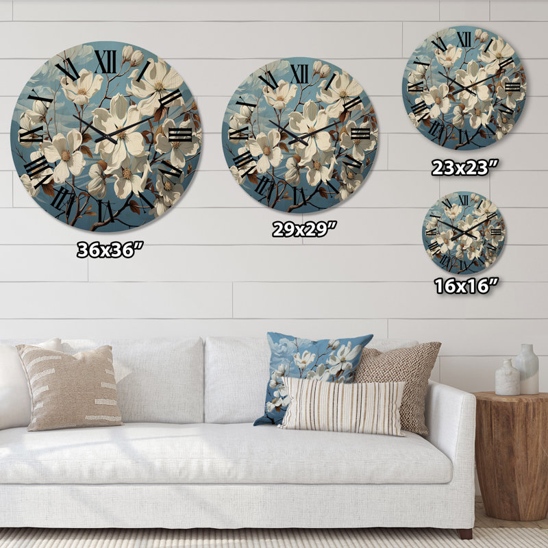 White Blue Dogwood Delight II - Floral Oversized Wood Wall Clock, Grand
