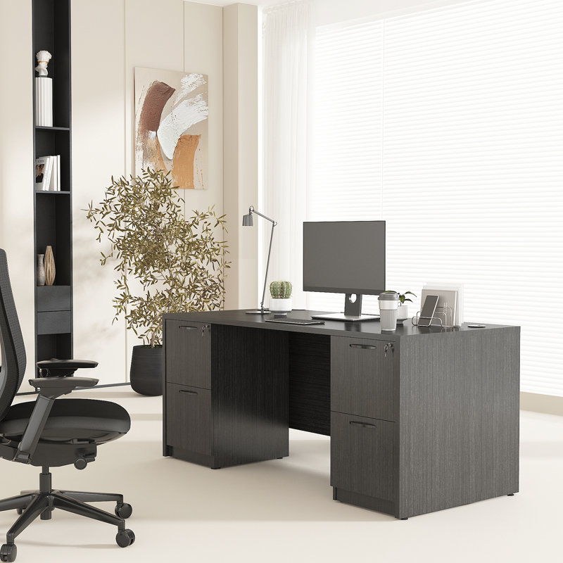 Niosha 66.93" Executive Desk With Mobile File Cabinets, Gray