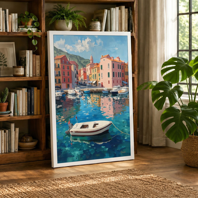 Mediterranean Harbor Coastal - Wrapped Canvas, 30x20 - 76.2 x 50.8 cm, Taupe Border