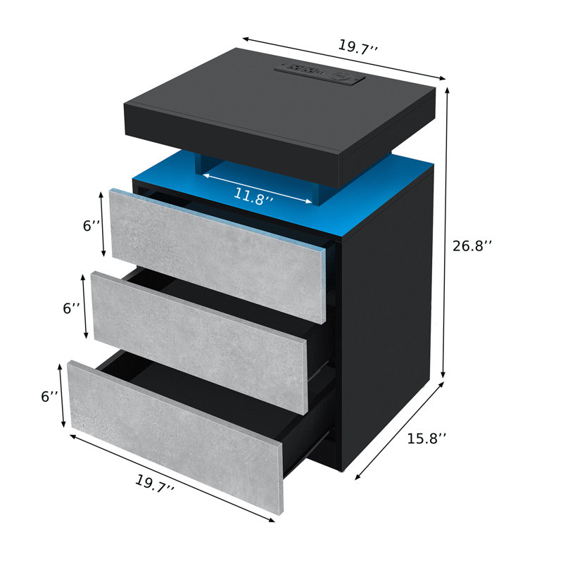 Gray Manufactured Wood Nightstand Set with LED Lights and Wireless Charging
