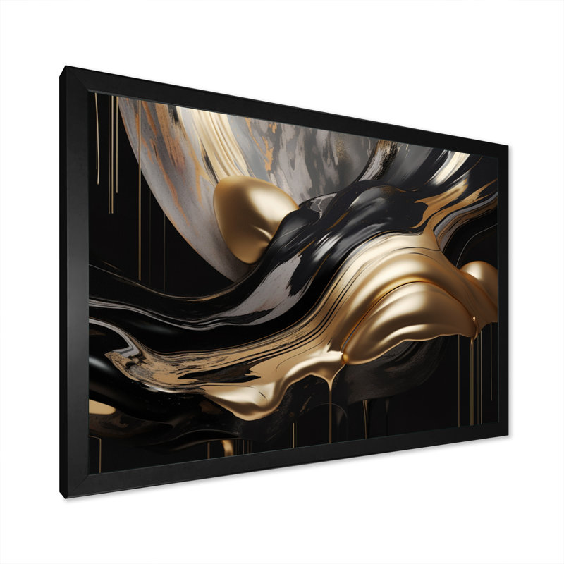 Marbre captivant doré et noir II - art abstrait sur toile marbrée, Cadre photo unique, H 30 po x l 40 po, Noir