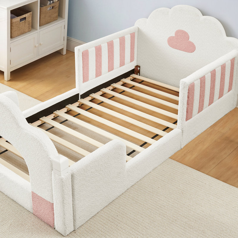 Lit simple avec barrière de sécurité, structure de lit en bois massif, tissu Boucle, chambre à coucher, White