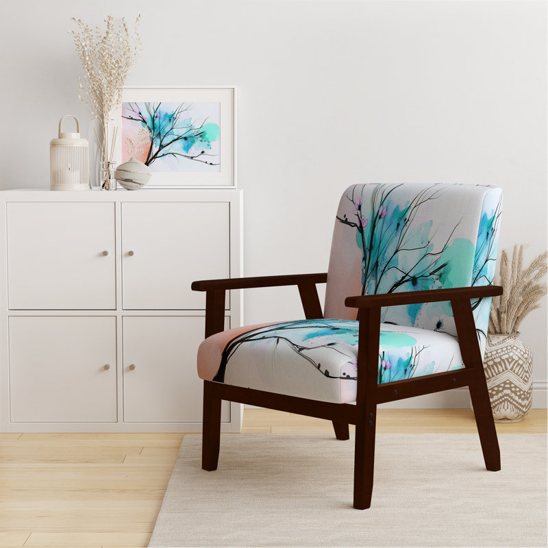 Geidel - Abstract Flowers - Upholstered Traditional Accent Arm Chair, Blue Polyester, Brown Square Arms