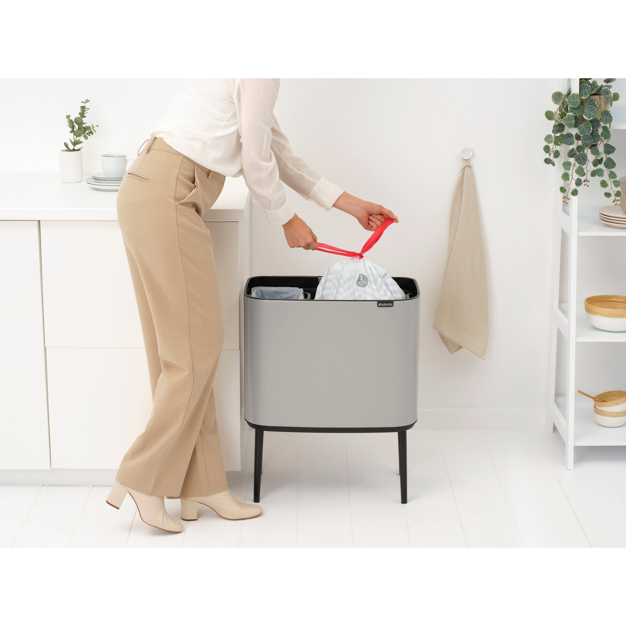 Brabantia Bo Touch Top Dual Compartment Recycling Trash Can, 3 + 6 Gallon (9 Gallon Capacity), Soft Gray
