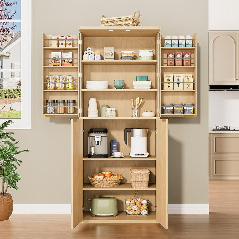 Armoire de rangement en bois cannelée de 72 po de hauteur avec portes, 6 tablettes de porte, organisateur, armoire polyvalente pour la cuisine, la salle à manger, chêne, l 30 po x P 15,75 po x H 72 po.