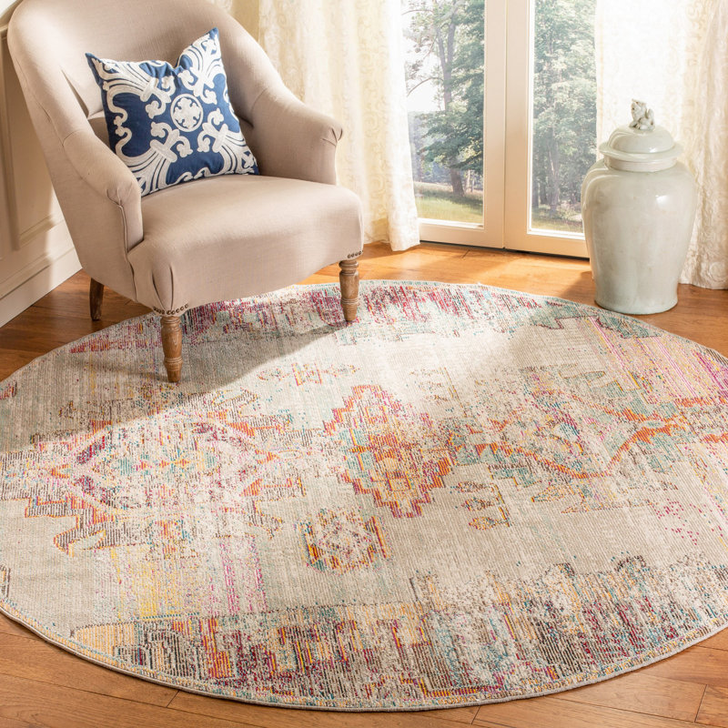 Tapis gris pâle / mauve de style Sud-Ouest Aliesha-May, Rond 7 pi