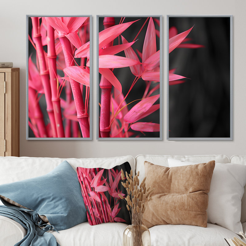 Ensemble de salon art mural bambou rose et noir, Encadrement argenté, H 28 po x l 36 po