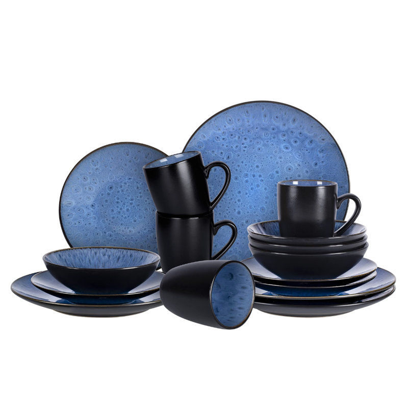 HomeVSS 16-Piece Reactive-Glaze Stoneware Dinnerware Set,Service for 4, Capri Blue