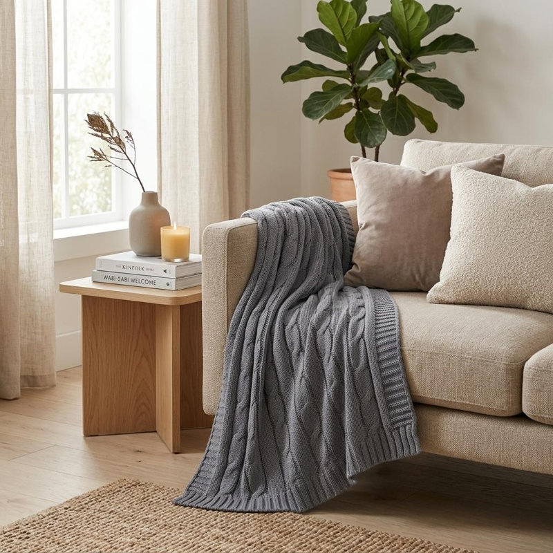 Jeté en tricot 100% coton gris clair