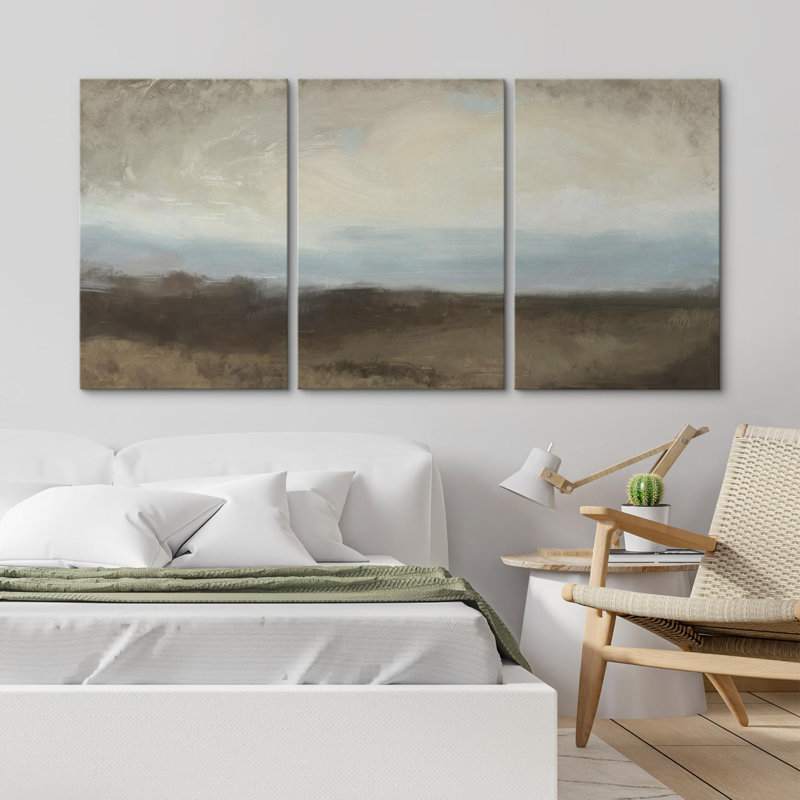 Minimal paysage champêtre nuageux champ nature Fine Art Decor paysage rustique campagne / ferme 3 pièces, Toile tendue