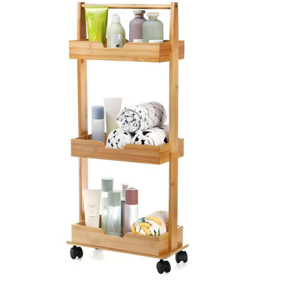 Support de chariot de douche à 3 pneus, coin organisateur de plancher de douche en bambou avec roues coulissantes, support de tablette de salle de bain pour baignoire, bureau, cuisine