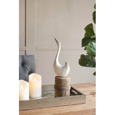 4X4x14" Paulownia Wood Swan Sculpture With Distressed White Finish And Rounded Brown Base
