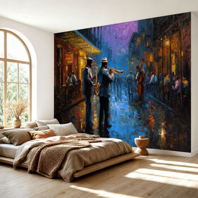 Wall Mural Peel and Stick Wallpaper Vintage Jazz Street Scene Musicians Performing Colorful Self-Adhesive Removable Contact Paper Wall Decor for Living Room Bedroom 69"H x 96"W