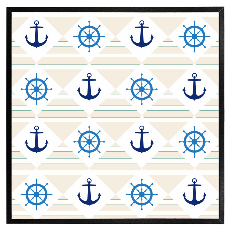 Behare Nautical Elements On Striped - Single Picture Frame Print, 61cm H x 61cm W x 4cm D, Black Framed