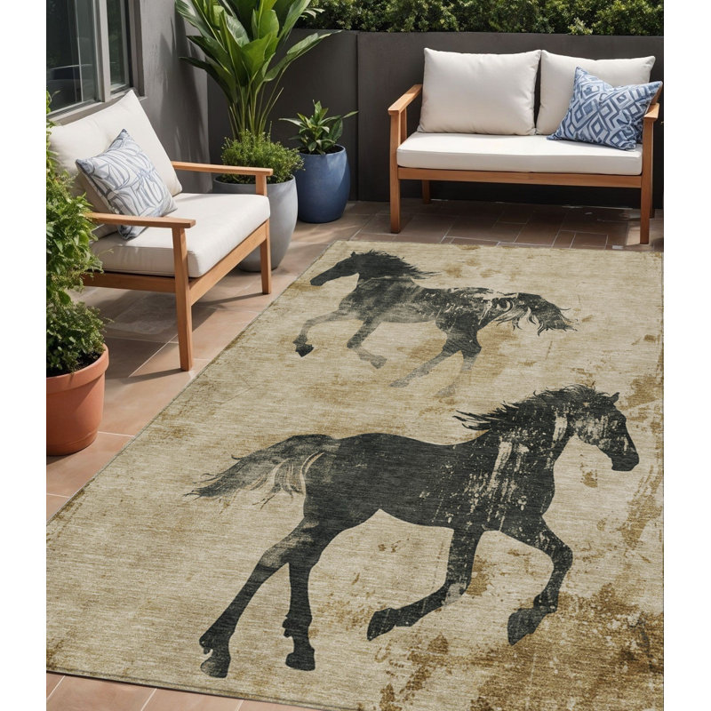 Tapis extérieur lavable à cheval beige et gris anthracite 5 pi x 8 pi