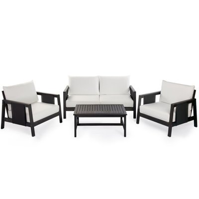 Ensemble de canapé 2 pièces avec causeuse d'extérieur et table basse - structure en bois d'acacia avec textilène noir, coussins blancs hydrofuges (finition gris foncé) pour patio / cour arrière / terrasse