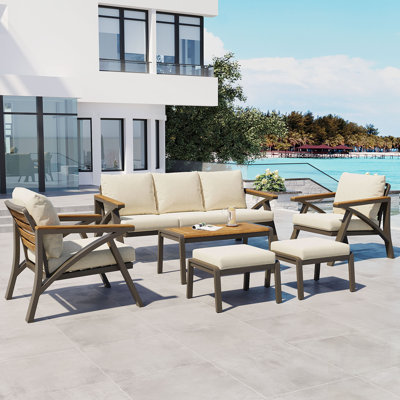 Ensemble de meubles de patio 6 pièces avec structure en acier, table basse en bois d'acacia et coussins pour les rassemblements dans la cour et le jardin