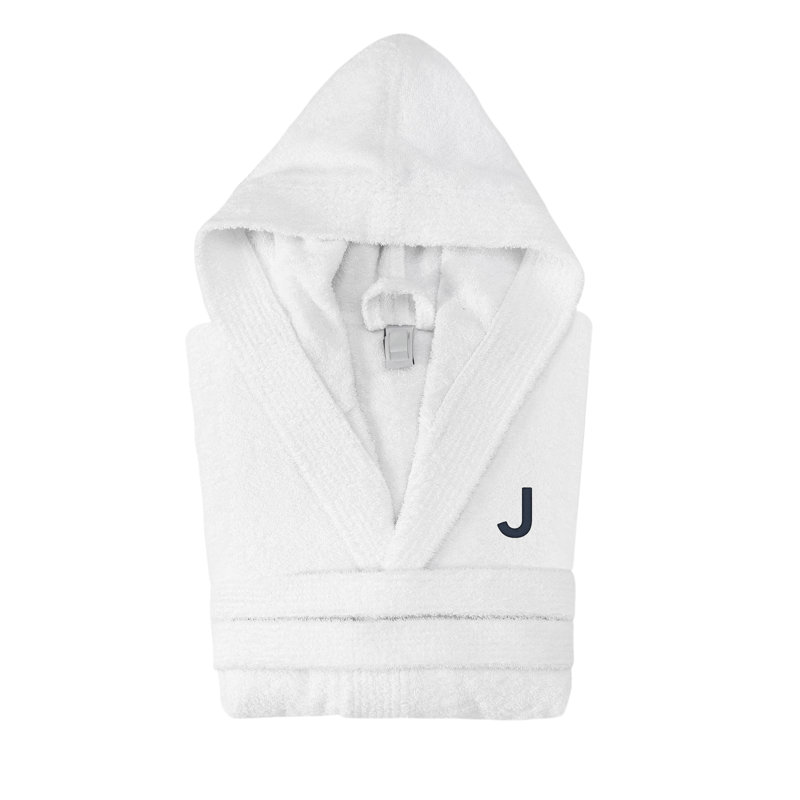 Peignoir monogrammé à capuche en coton turc, J, Blanc