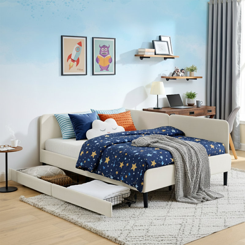 78" Wide Velvet Daybed with 2 Storage Drawers - Full Size Platform Bed Frame - Beige, Full, Beige