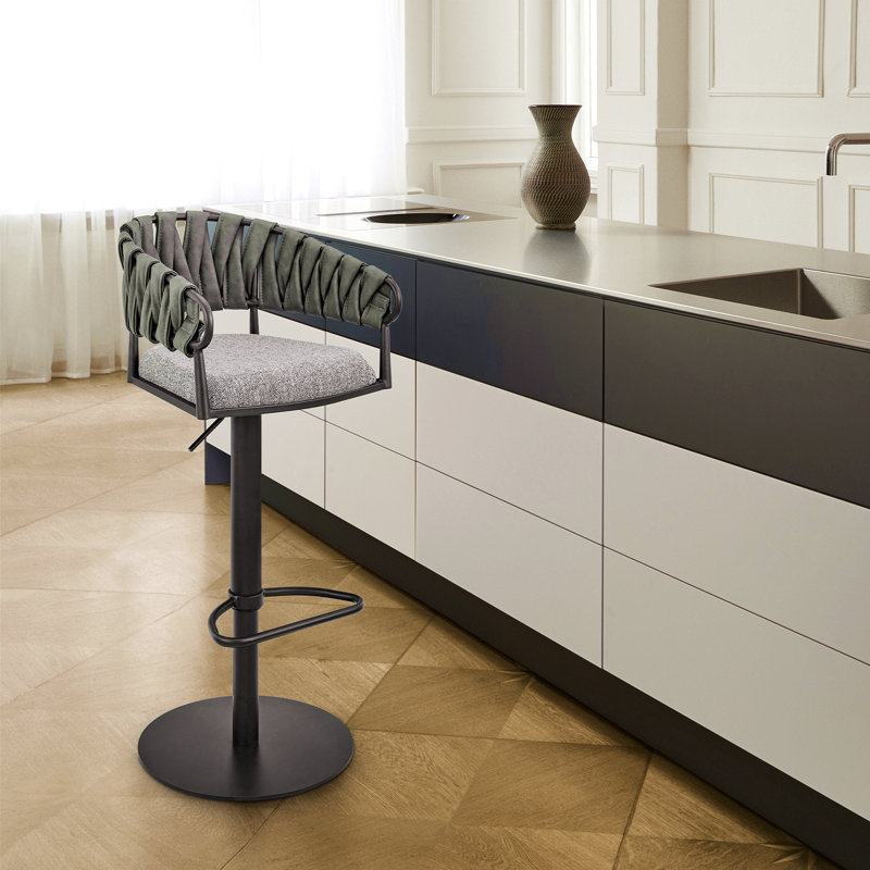 Tabouret de bar ou de comptoir pivotant réglable en métal noir avec tissu gris et similicuir