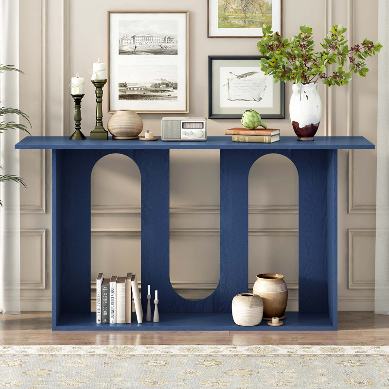 Modern And Curved Design Ash Veneer Console Table With Shelf, Navy Blue