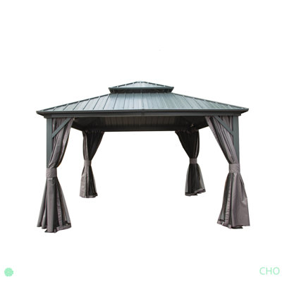 Hardtop Gazebo, Aluminum Metal Gazebo With Galvanized Steel Double Roof Canopy, Curtain And Netting, Permanent Gazebo Pavilion For Party, Wedding, Outdoor Dining