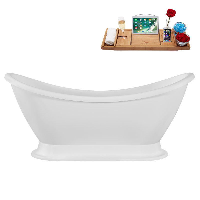 Baignoire de trempage autoportante en acrylique 70 po, plateau en bambou, drain, Laiton brossé
