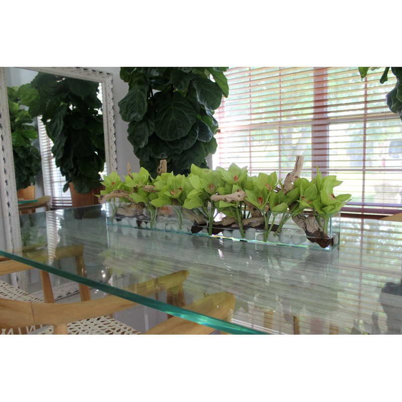 Driftwood Cymbidium Orchids Centerpiece in Glass Planter, 8" H x 48" W x 6" D, Green