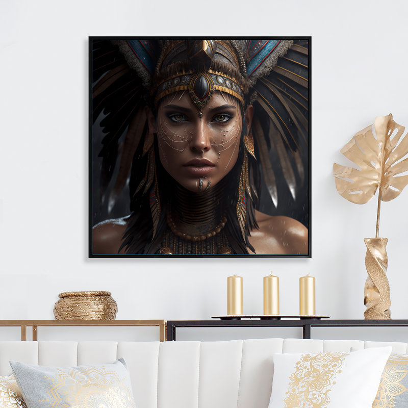 Femme bohémienne avec coiffe en plumes I - reproduction sur toile, L 16 po x H 16 po, Toile avec cadre flottant noir