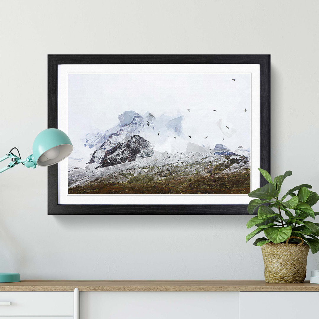 The Swiss Alps with a Flock of Birds in Abstract - Framed Print