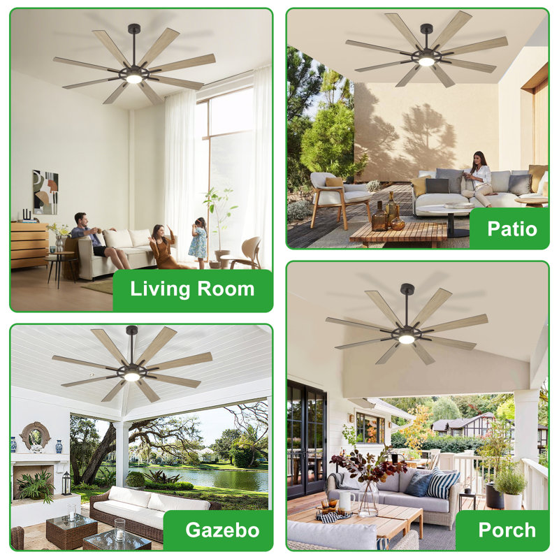 66 Inch Large Ceiling Fan with Light, Modern 8-Blade Black and Walnut Indoor Outdoor Fans with Remote Control Dimmable Light, Quiet DC Motor Reversible 6 Speed Timer