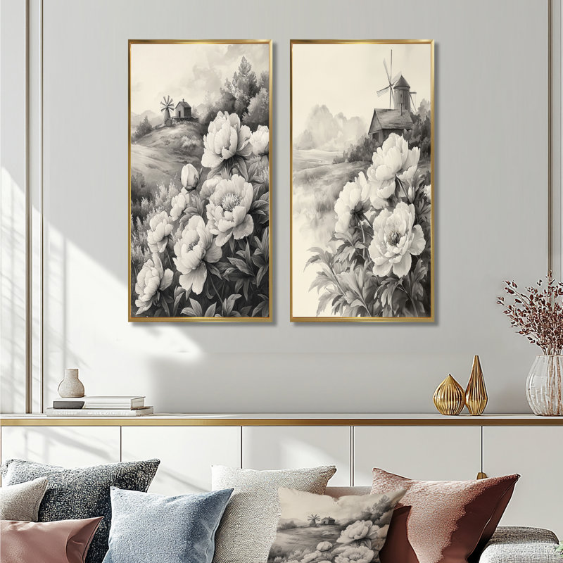 Pivoines monochromes et moulin à vent I - Collection d'art mural floral 2 pièces, H 28 po x l 25 po, Cadre flottant doré