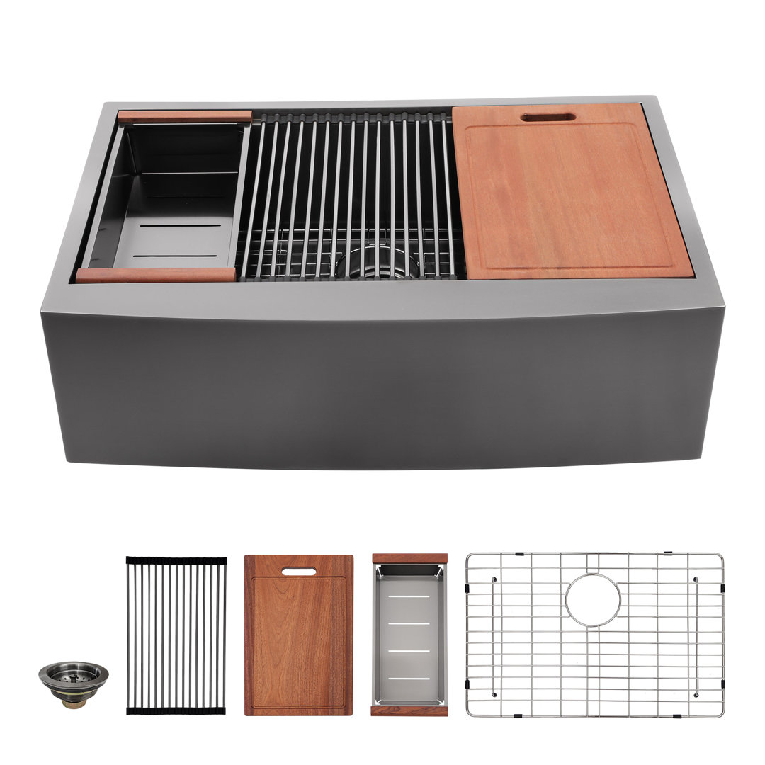 33" L x 22" W Farmhouse Workstation Kitchen Sink Gunmetal Black Stainless Steel Kitchen Sink Lordear