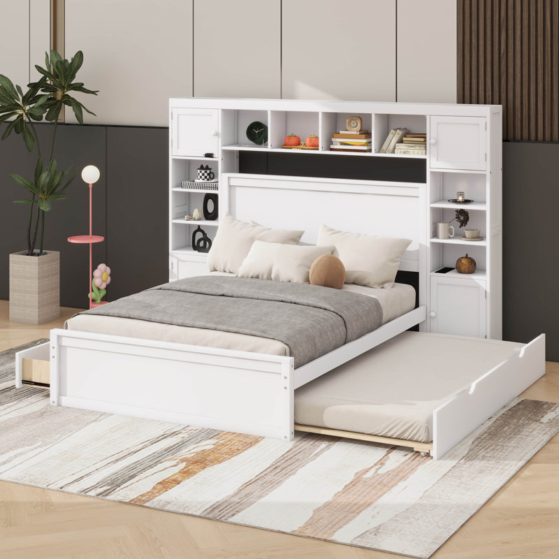 Grand lit en bois avec armoire intégrée, tablette, prises de courant et lit gigogne simple TG, Blanc