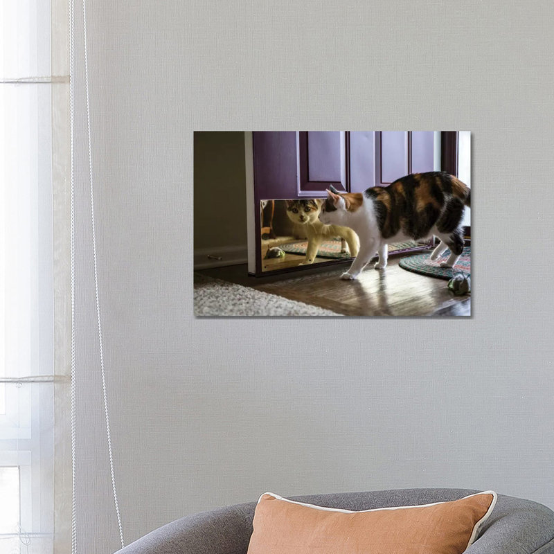 Calico Cat Looking At Her Reflection In The Door by Janet Horton - Wrapped Canvas Gallery-Wrapped Canvas Giclée