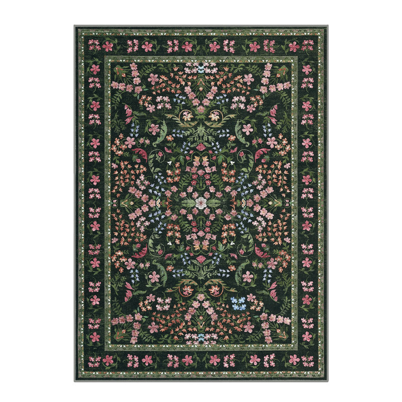 Farmhouse Floral Area Rug 5x7 Washable Rug for Living Room, Soft Non Shedding Foldable Floor Mat with Non Slip TPR Backing, Indoor Thin Low Pile Printed Mat for Bedrooms, Green