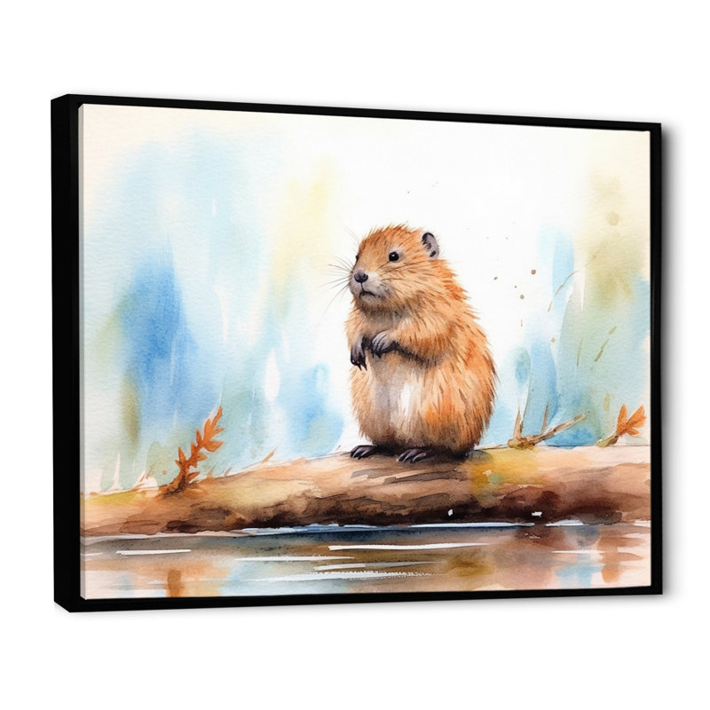 «Cute Beaver I» sur toile, Cadre flottant noir, H 34 po x l 44 po x P 1,5 po