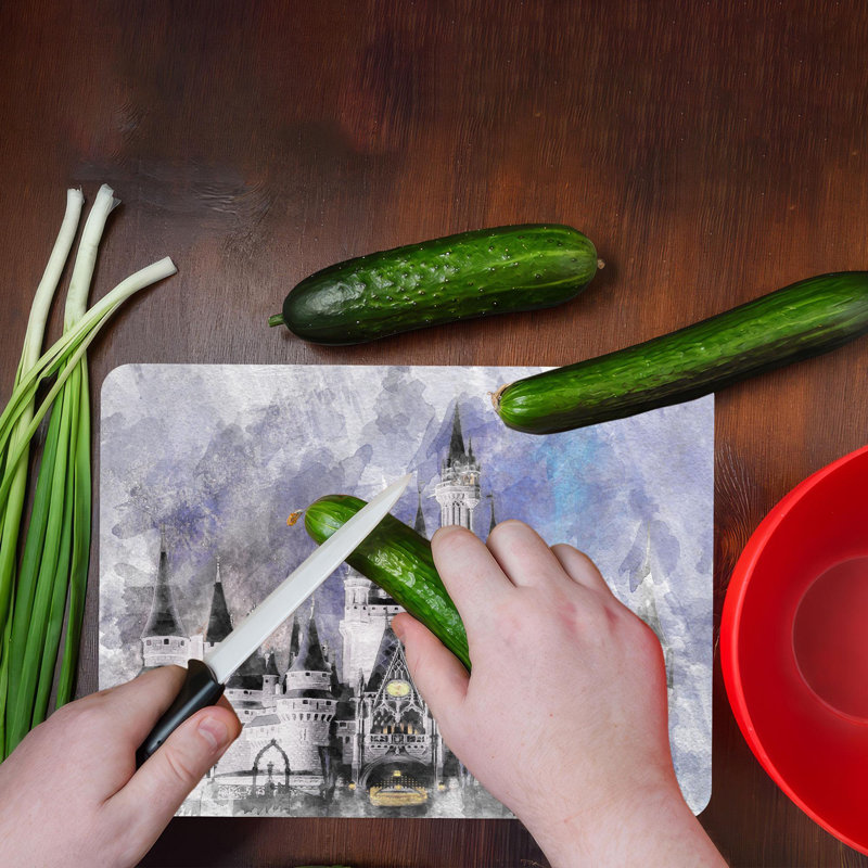 Planche à découper en verre sur le thème du château de Cendrillon, parfaite pour servir et préparer des aliments