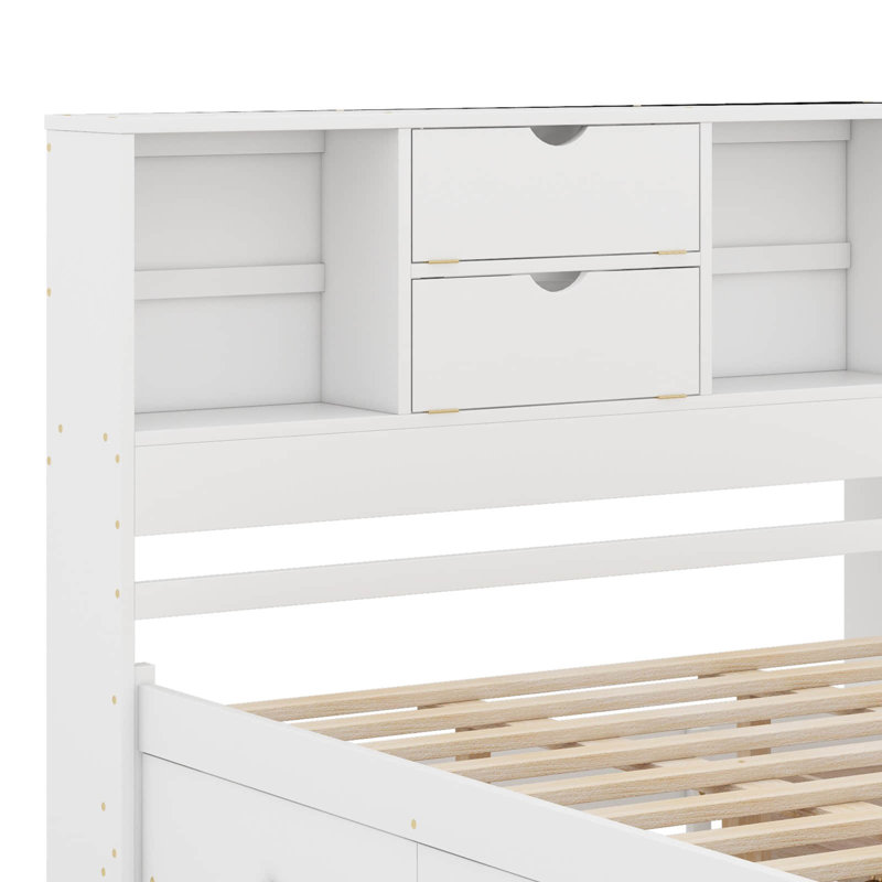 Grand lit plateforme avec tête de lit et tiroirs, Blanc, Grand lit