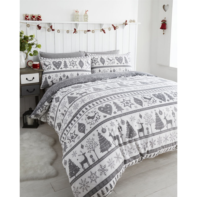 Aaryahi Nordic Scandi Christmas Duvet Cover Set, Single Duvet Cover + 1 Standard Pillowcase, Grey