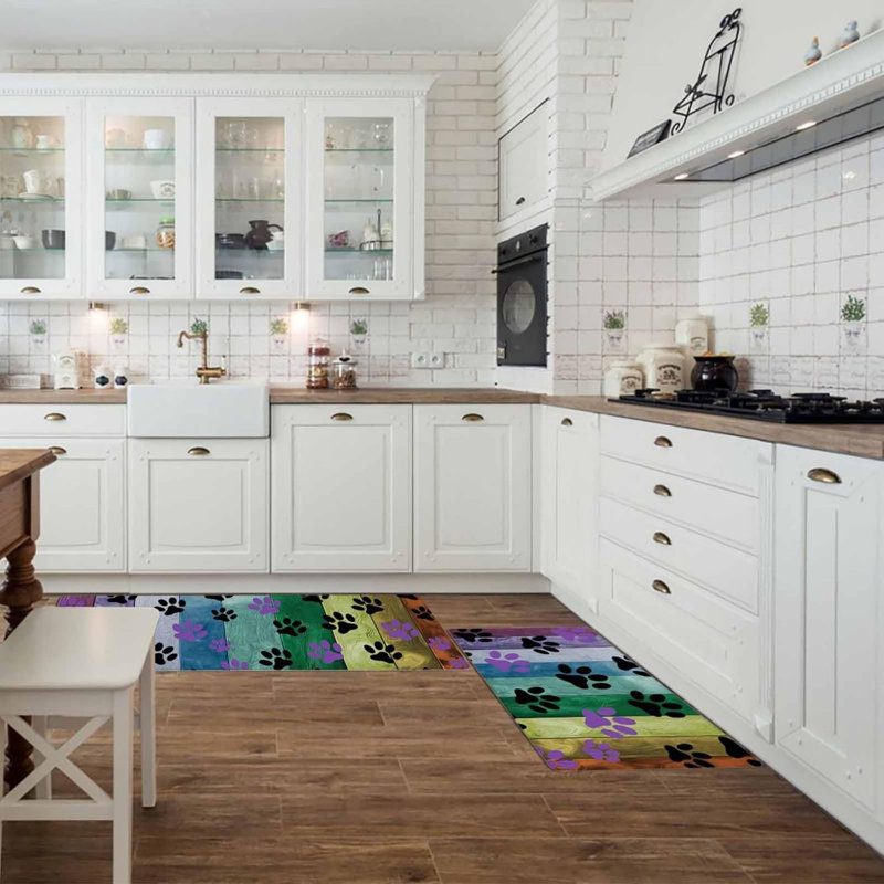 Tapis de cuisine multicolores à empreintes de pattes, ensemble de 2 tapis décoratifs pour animaux de compagnie pour la cuisine et le vestibule