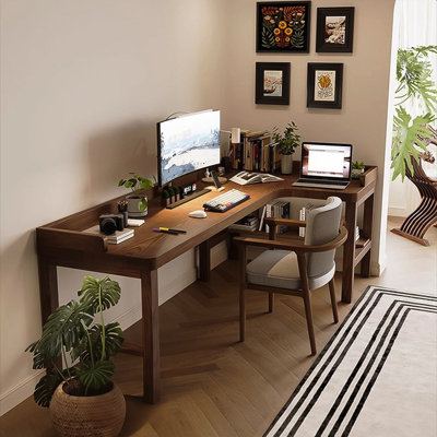 Bureau d'étude de coin en L en bois massif de style Mid-Century moderne avec garde-corps brun foncé