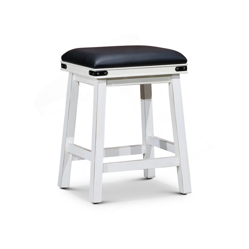 Tabouret de comptoir 24 po, finition blanc antique, siège en cuir noir