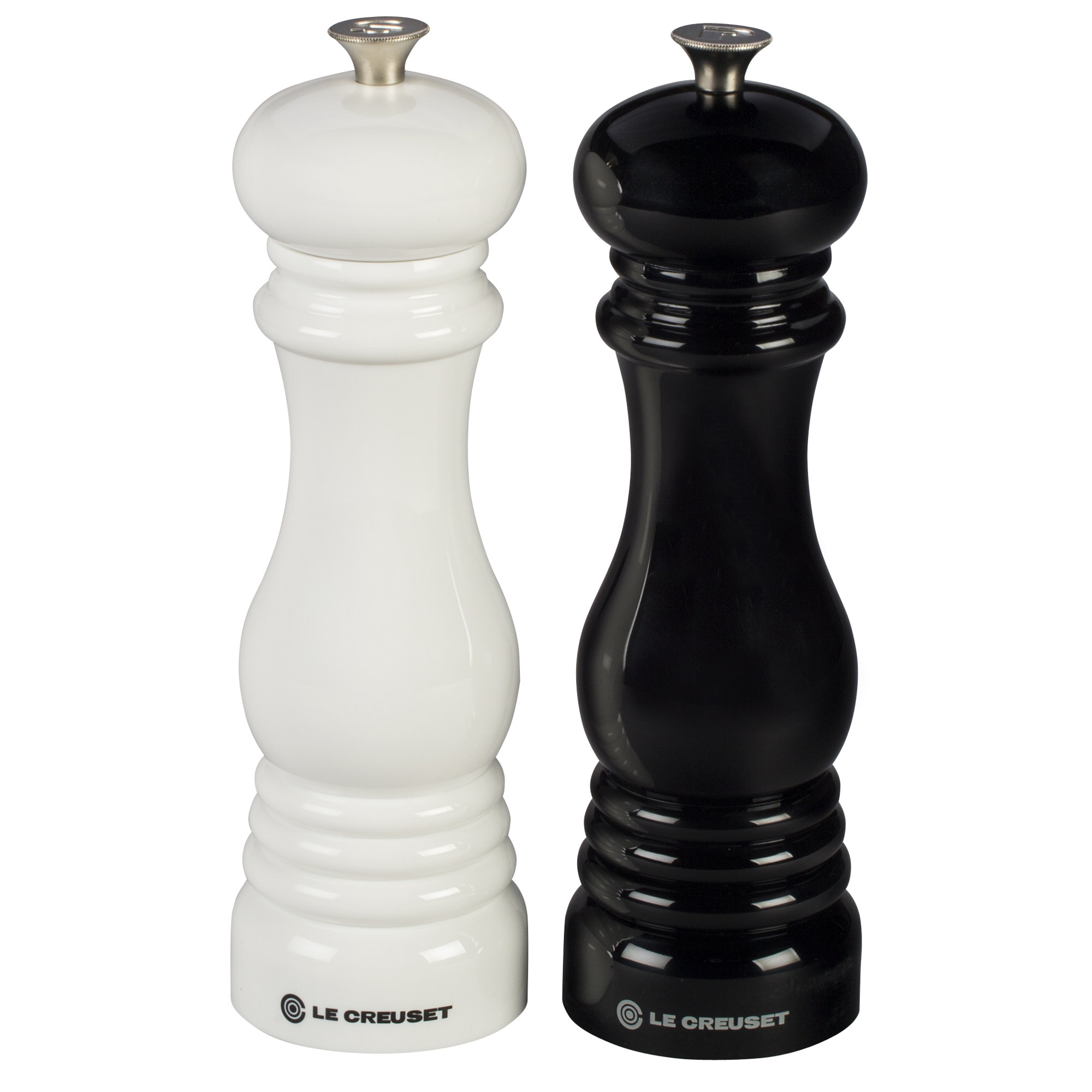Le Creuset Set of 2 Salt and Pepper Mills, Black/White, 8" H x 2.5" W x 2.5" D