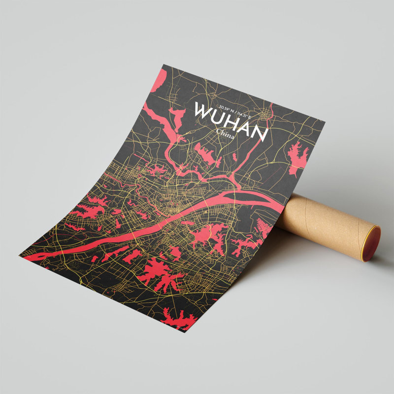 Carte de la ville de Whan, impression, H 17 po x l 11 po, Noir / rouge / jaune