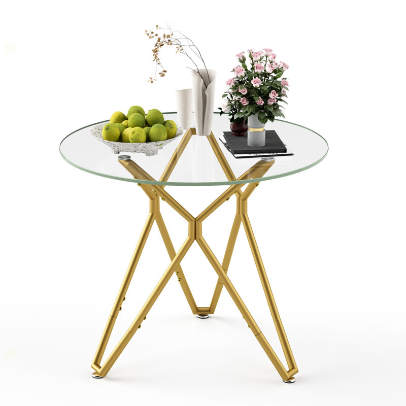 35.4-Inch Round Tempered Glass Dining Table, Suitable For 1-4 People, Space-Saving Small Kitchen Dining Table, Equipped With Sturdy Metal Table Legs, Suitable For Dining Room, Living Room,Gold