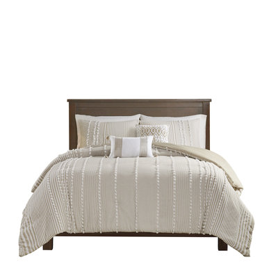 100% Cotton Dyed Duvet Cover King With Taupe And White Stripes Elegant Chenille Feature 3 Piece Fine