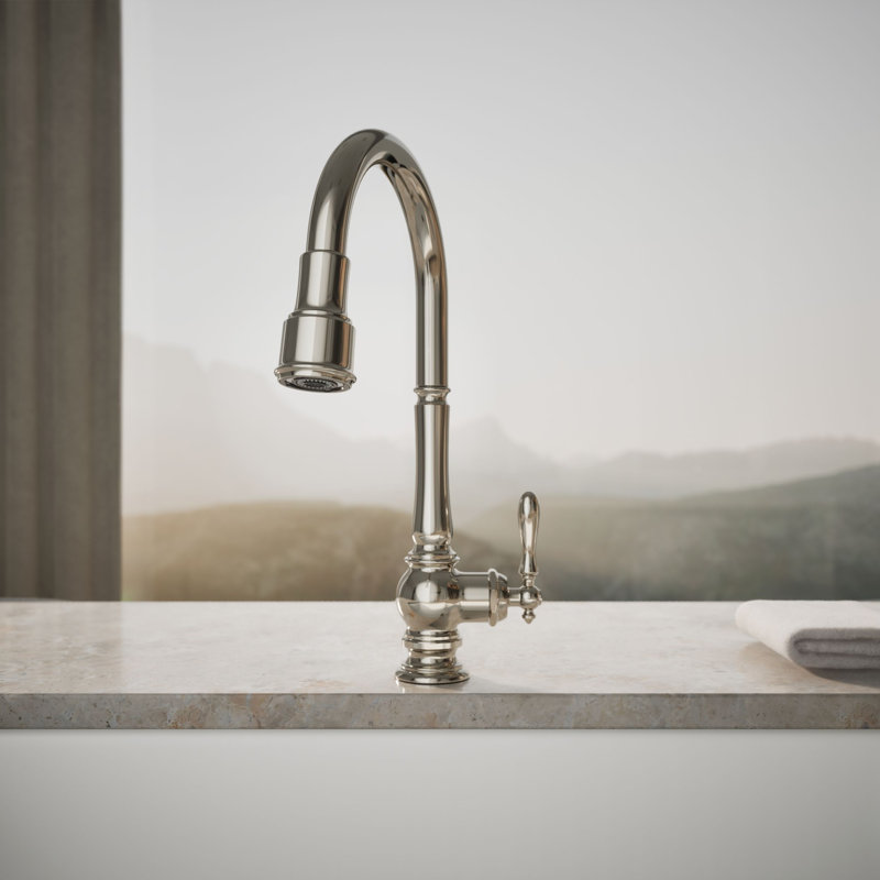 Artifacts® Pull Down Single Handle Kitchen Faucet, Vibrant Polished Nickel